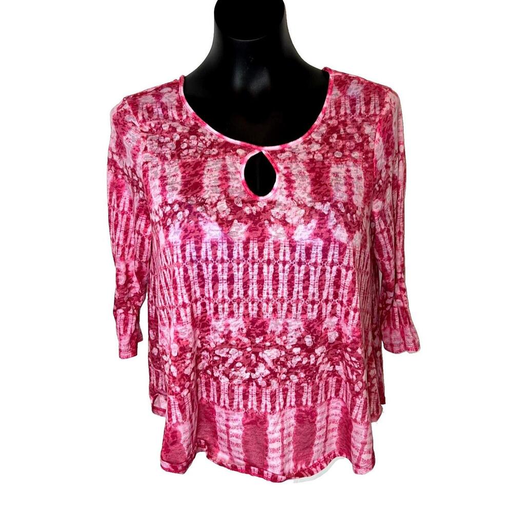 Ruby Rd. Women's M Petite Pink White Shibori Tie Dye 3/4 Sleeve Keyhole Neck